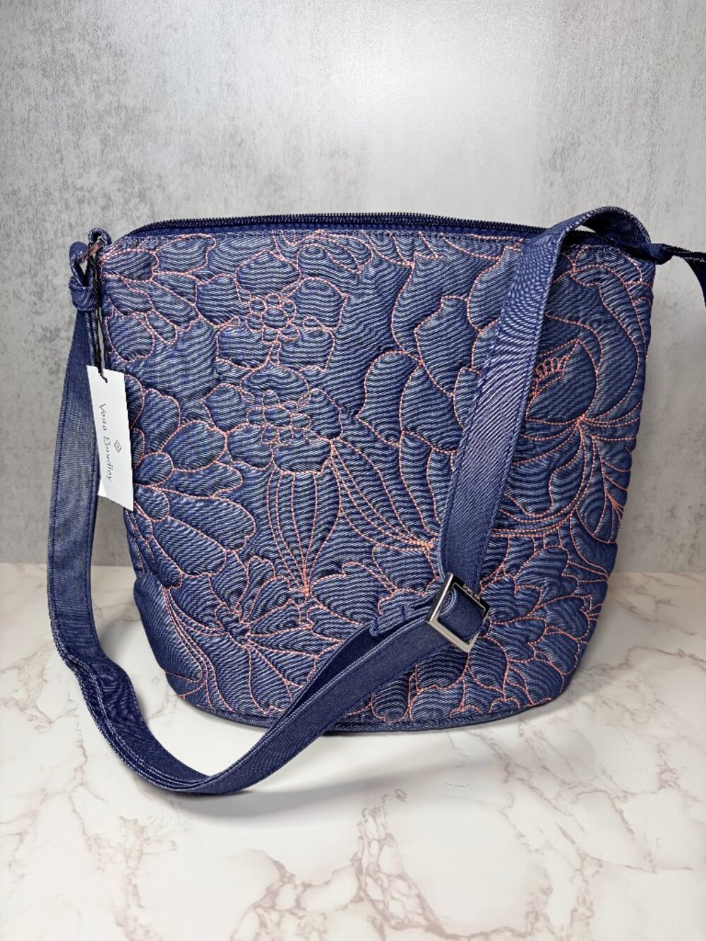 NWT Vera Bradley Aloha Blooms Denim Floral Quilted Bucket Crossbody Purse